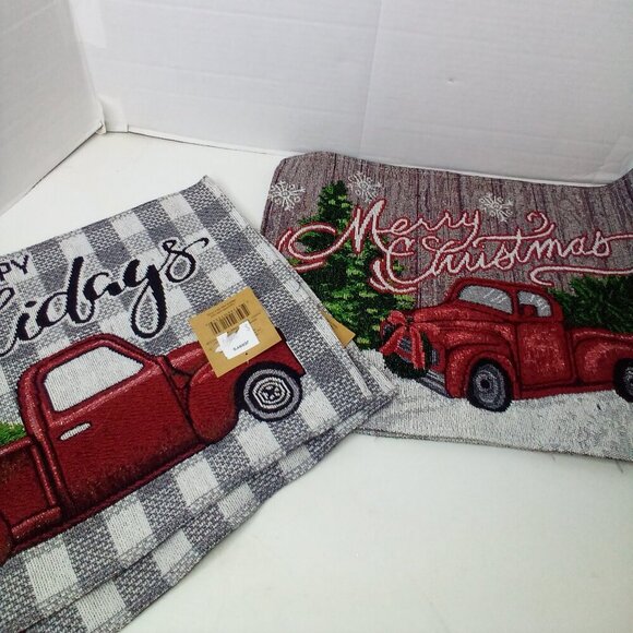 Christmas Placemat Lot of 4 Red Truck Tree Fabric 18" x 12.5" 2 Patterns - Picture 1 of 14